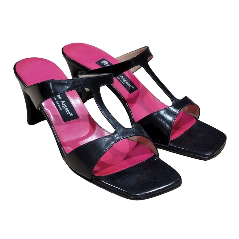 Etienne Aigner Kristy Women's Black Red Leather Block‎ Heel Sandals Sz 9.5 M New
